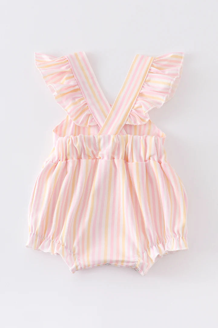 Pink and Yellow Stripe Flutter Trim Bubble Romper