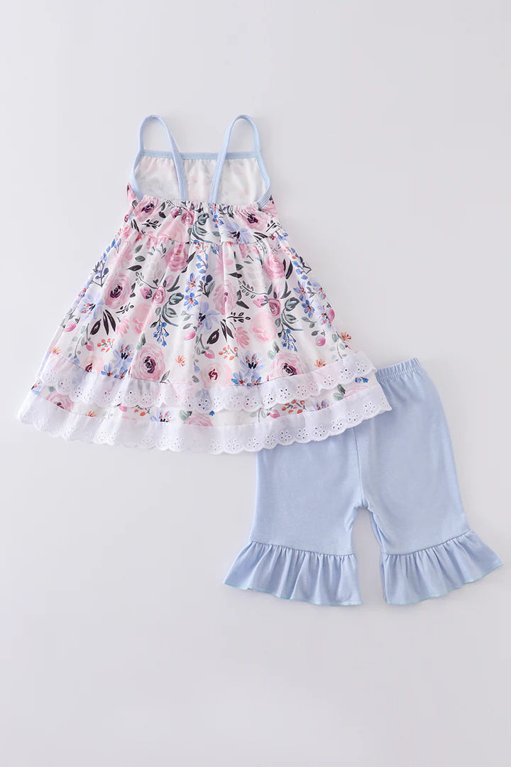 Blue Floral Ruffle Shorts Set