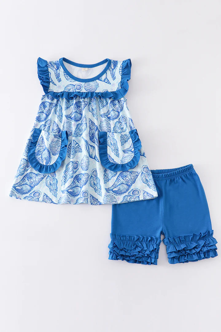 Blue Seashell Ruffle Shorts Set