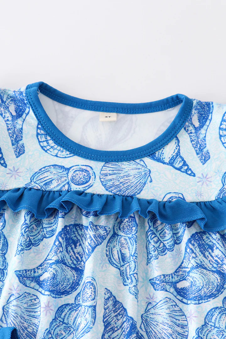 Blue Seashell Ruffle Shorts Set