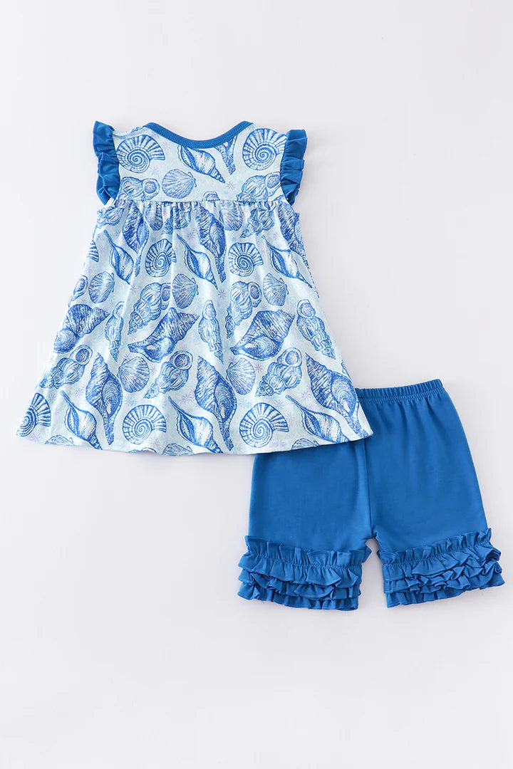 Blue Seashell Ruffle Shorts Set