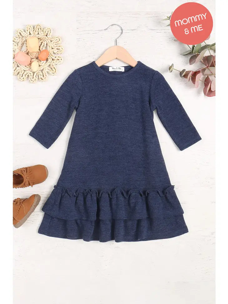 Mom and Me Navy Knit Ruffle Hem Pocket Dress- Kids