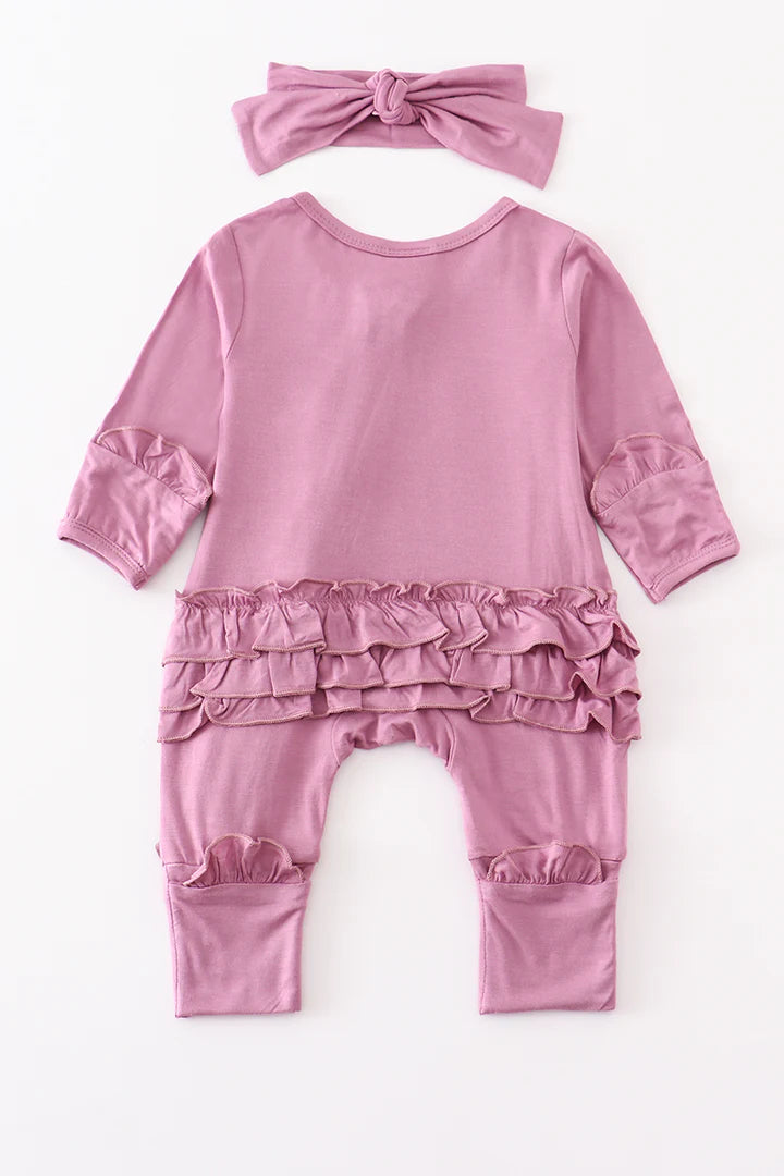 Lavender Colored Bamboo Ruffle Baby Romper with Matching Headband