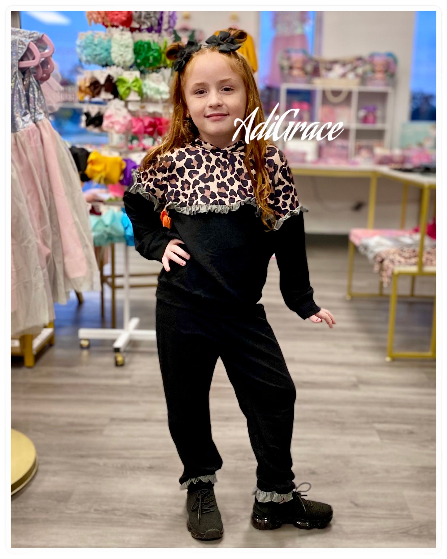 Black Leopard Ruffle Hooded Sweatshirt Set
