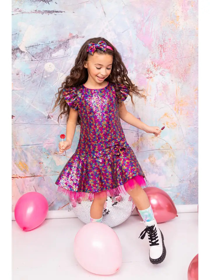 Sequin Ruffle Sleeve Tutu Dress
