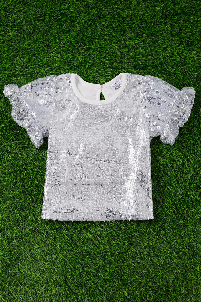 Silver Sequin Ruffle Sleeve Shirt