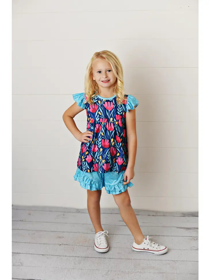 Turquoise and Pink Flower Shorts Set