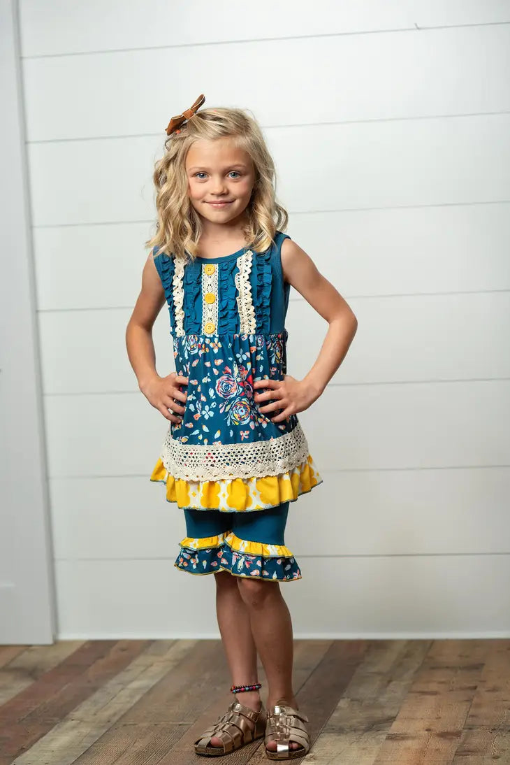 Blue and Mustard Floral Ruffle and Lace Shorts Set