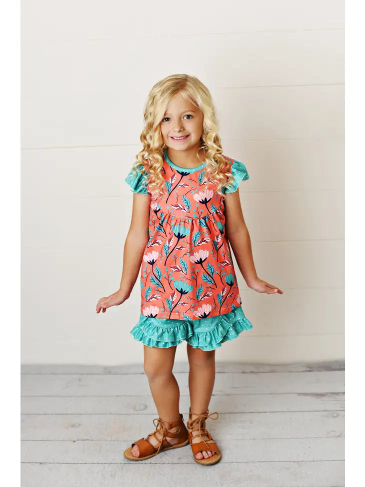 Coral and Teal Ruffle Shorts Set