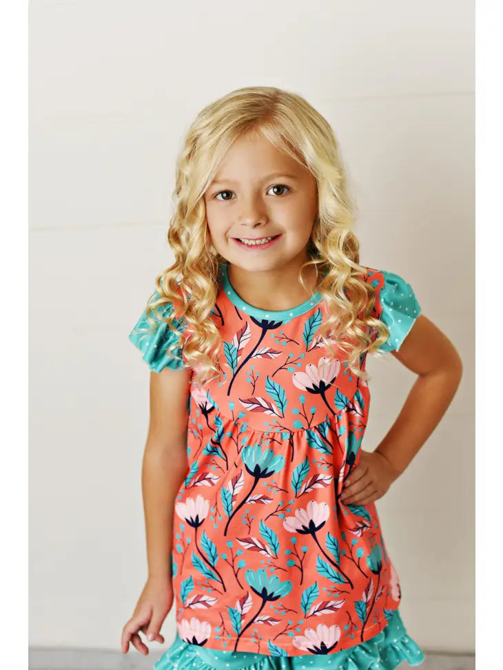 Coral and Teal Ruffle Shorts Set
