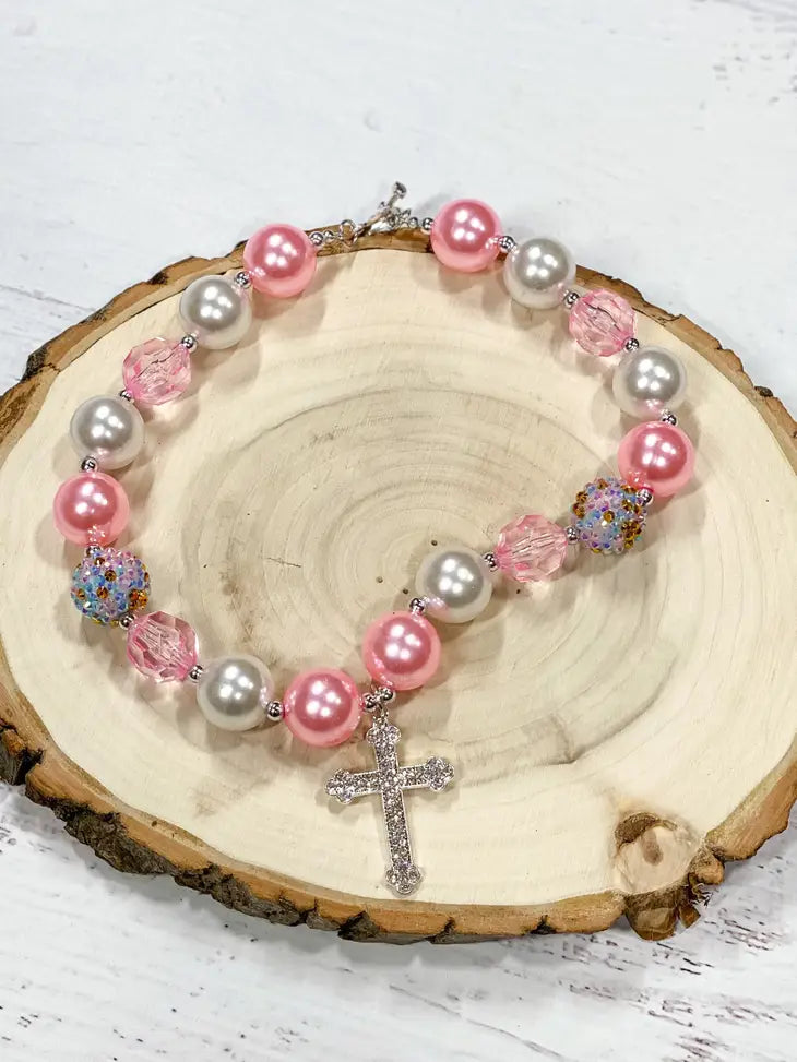 Rhinestone Cross Bubble Gum Necklace