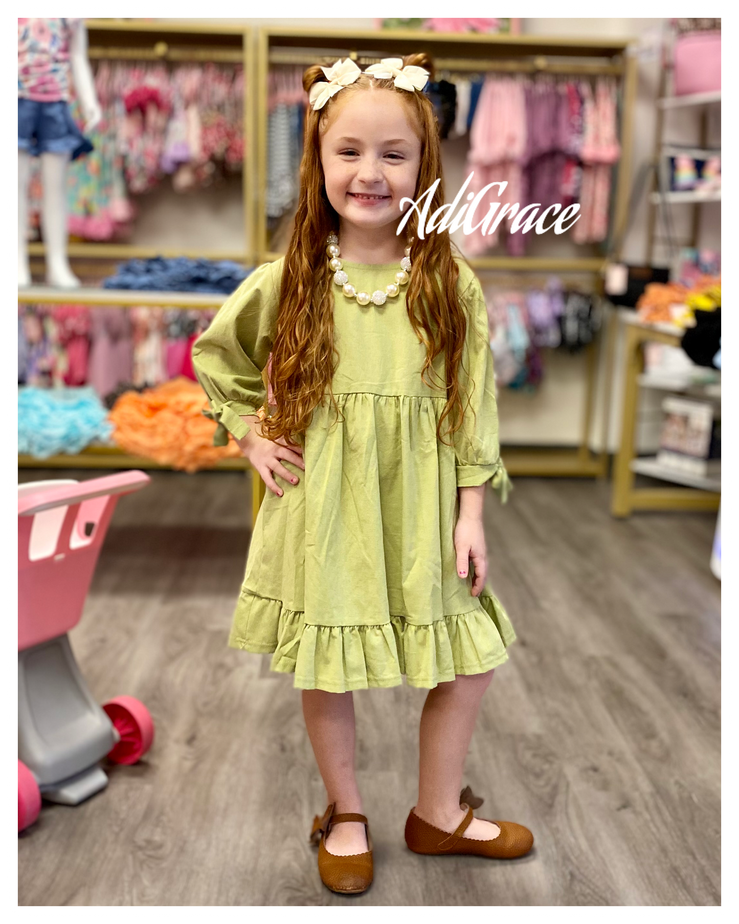 Sage Ruffle Dress with Bow on Sleeves