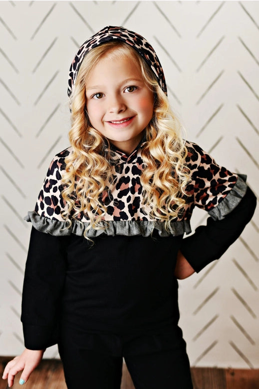 Black Leopard Ruffle Hooded Sweatshirt Set