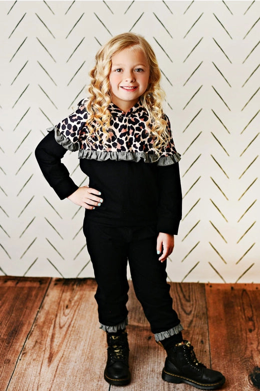 Black Leopard Ruffle Hooded Sweatshirt Set