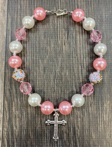 Rhinestone Cross Bubble Gum Necklace