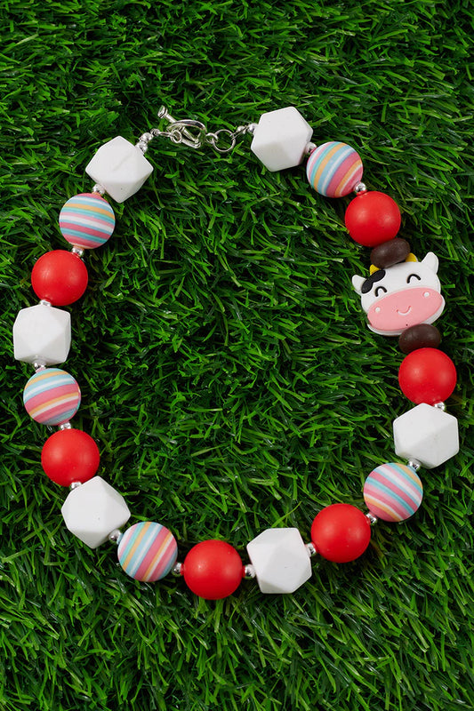 Red Bubble Gum Bead Cow Necklace