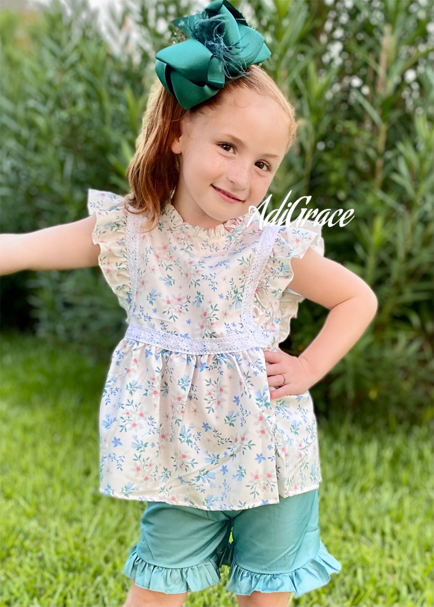 Green Floral Ruffle Shorts Set