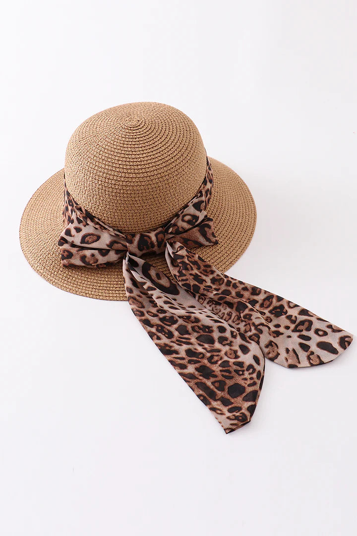 Leopard Straw Mom and Me Hat with Silk Ribbon- Adult