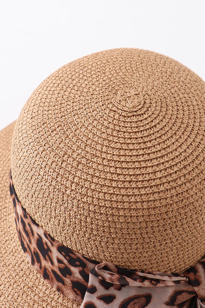 Leopard Straw Mom and Me Hat with Silk Ribbon- Adult