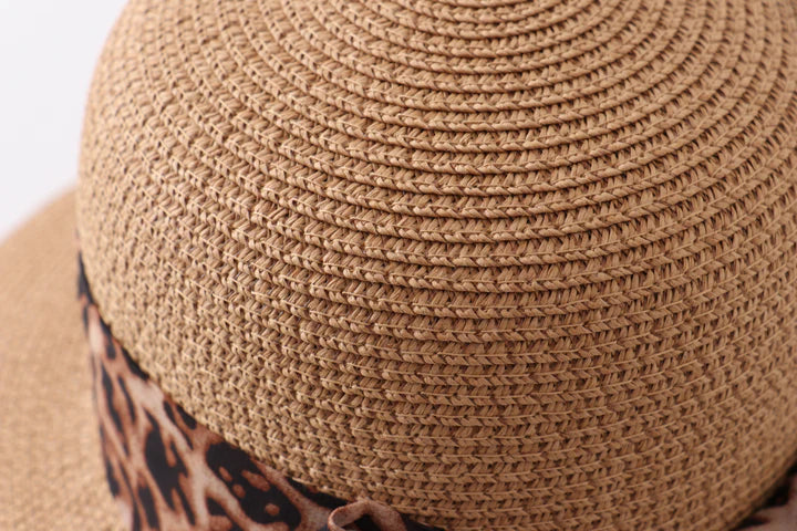 Leopard Straw Mom and Me Hat with Silk Ribbon- Adult