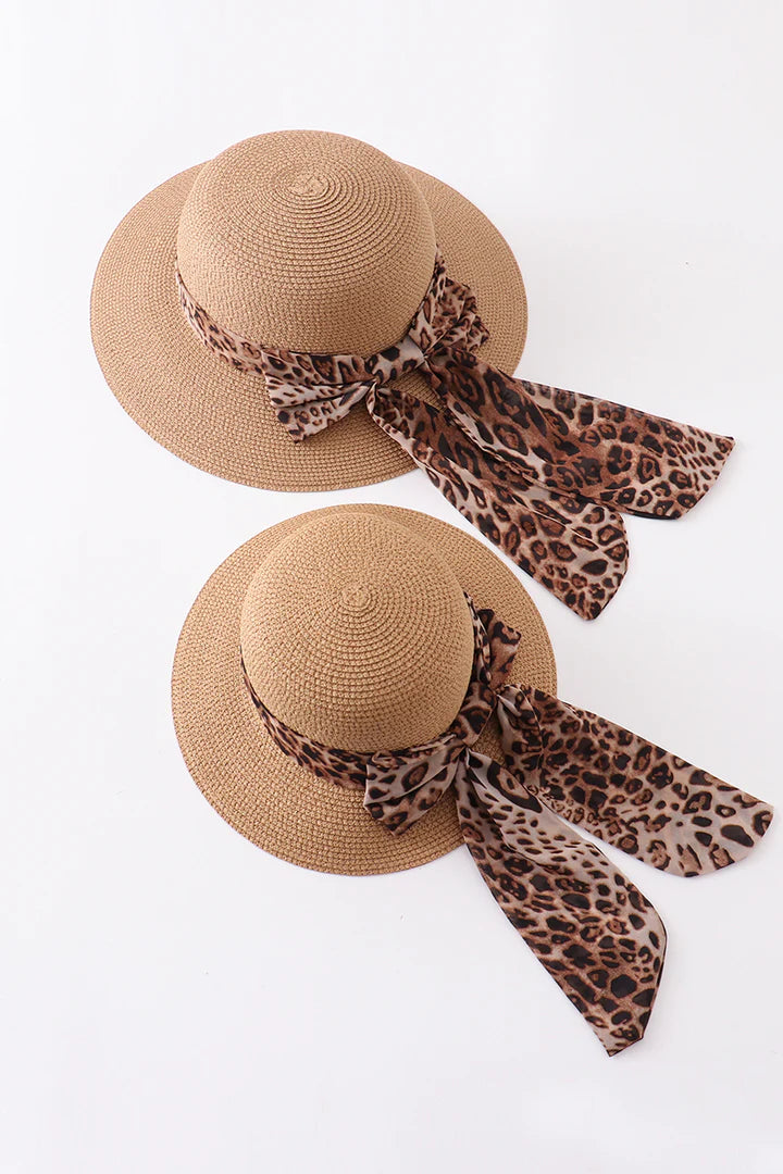Leopard Straw Mom and Me Hat with Silk Ribbon- Adult