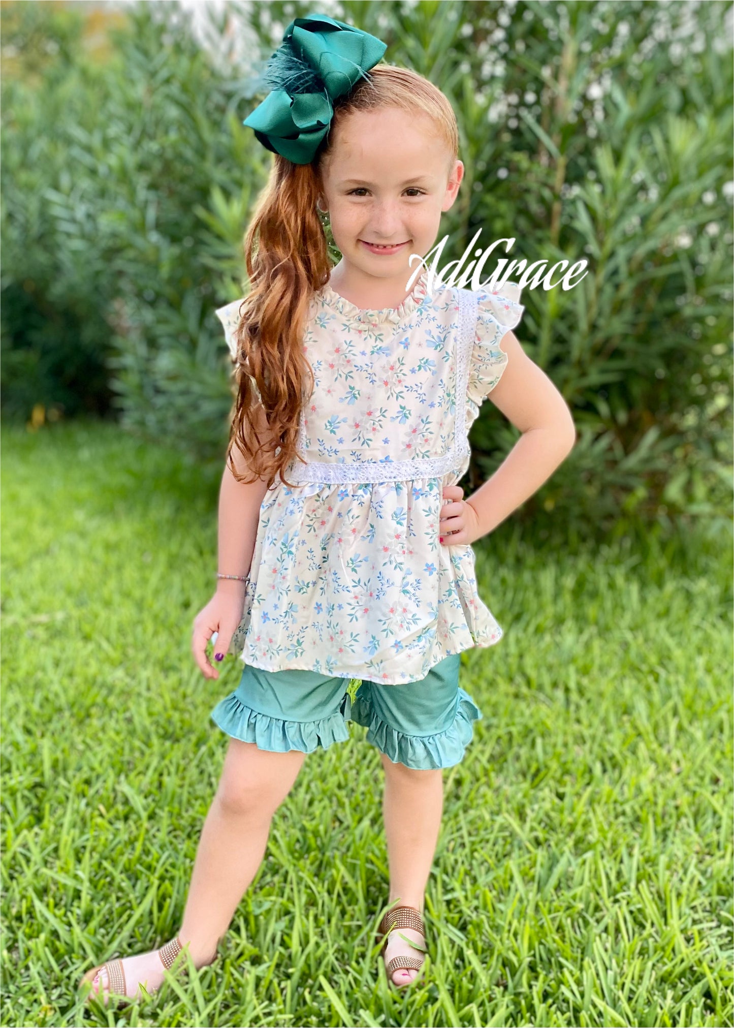 Green Floral Ruffle Shorts Set