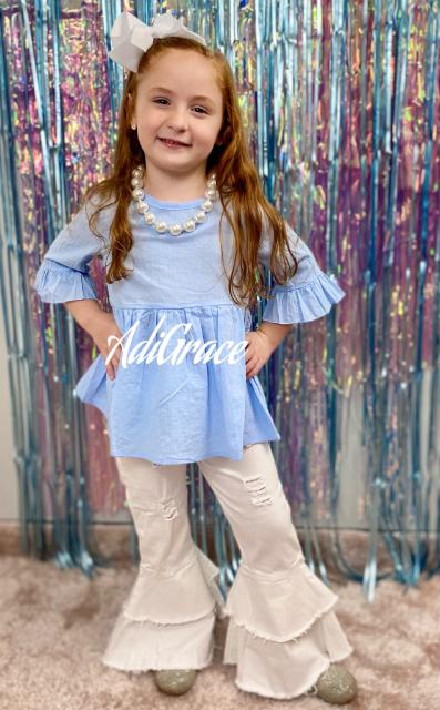 White Bell Bottom Ruffled Distressed Denim Jeans