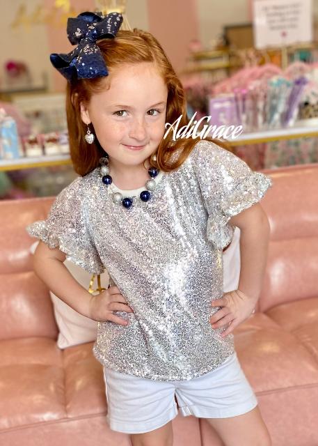 Silver Sequin Ruffle Sleeve Shirt