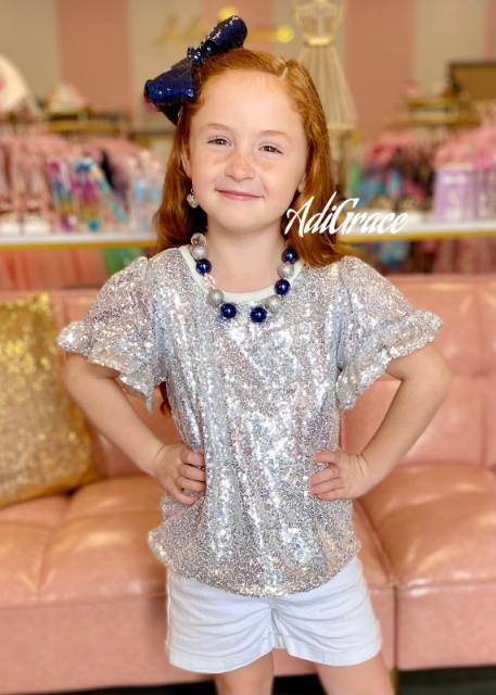 Silver Sequin Ruffle Sleeve Shirt
