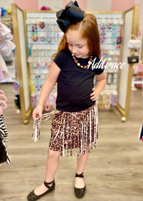 Faux Suede Leopard Fringe Skirt