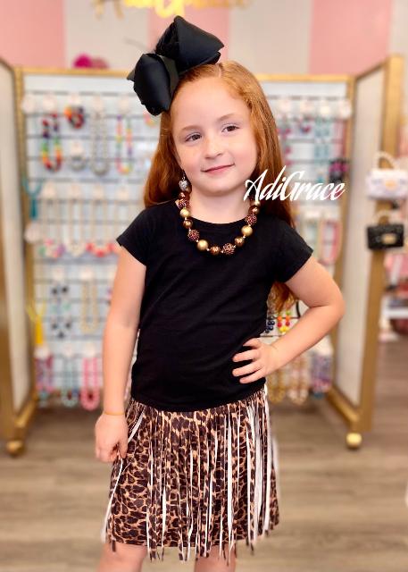 Faux Suede Leopard Fringe Skirt
