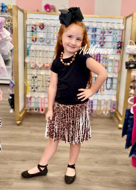 Faux Suede Leopard Fringe Skirt