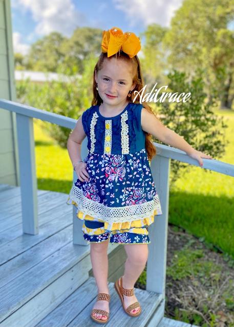 Blue and Mustard Floral Ruffle and Lace Shorts Set
