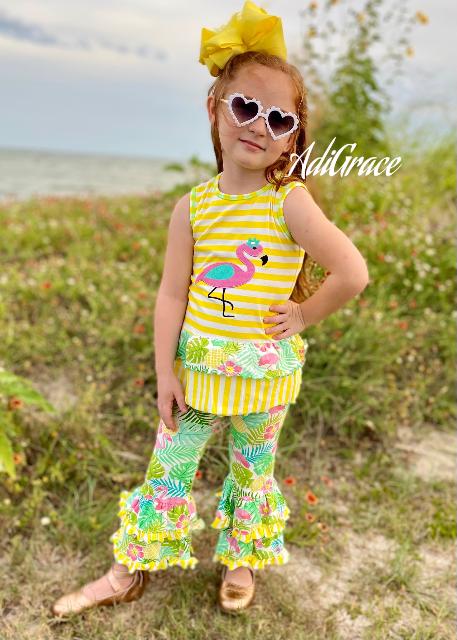Girls Tropical Flamingo Palm Tree Tunic and Ruffle Bottom Capris