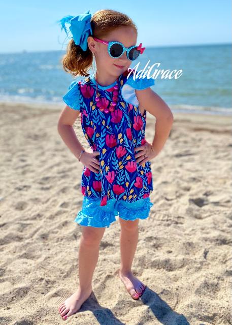 Turquoise and Pink Flower Shorts Set