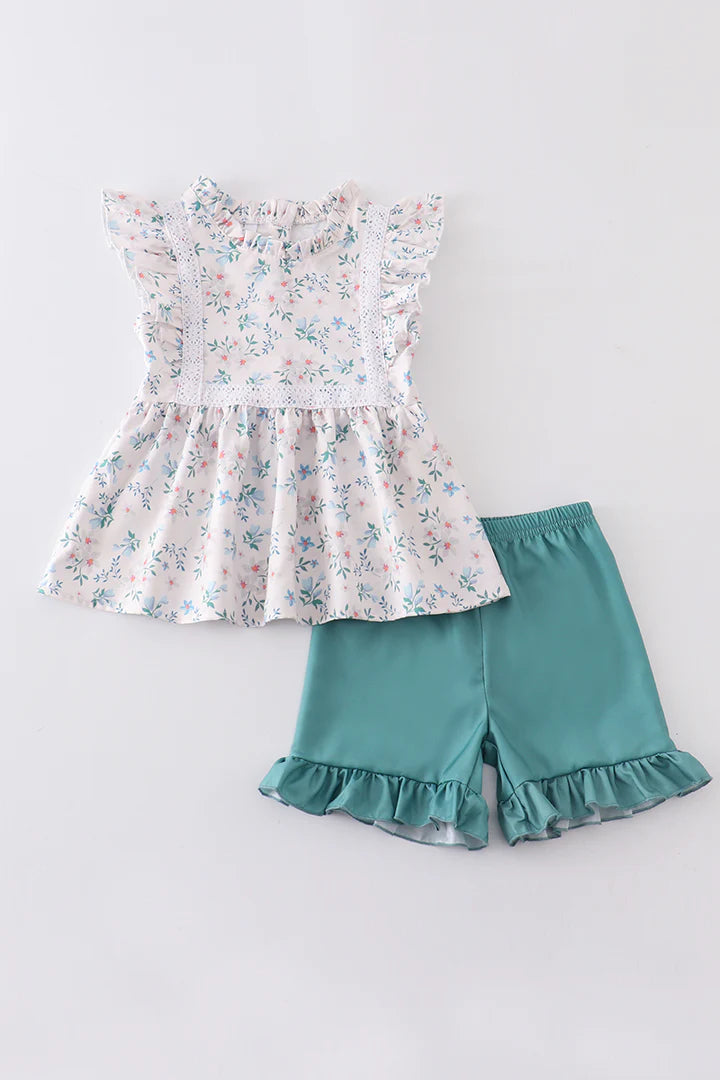 Green Floral Ruffle Shorts Set