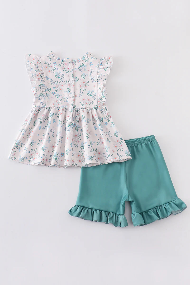 Green Floral Ruffle Shorts Set