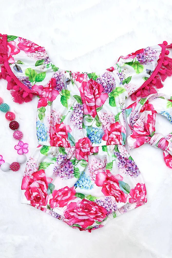 Fuschia Floral Pom Pom Baby Romper with matching headband