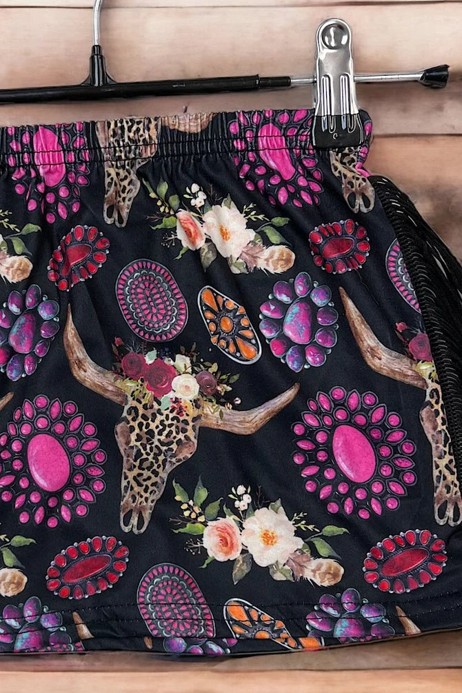 Fuchsia Concho Skirt with Black Fringe