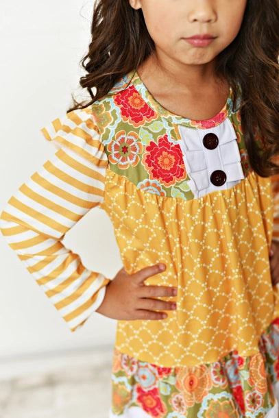 Mustard Stripe Ruffle Leggings Shirt and Pants Set