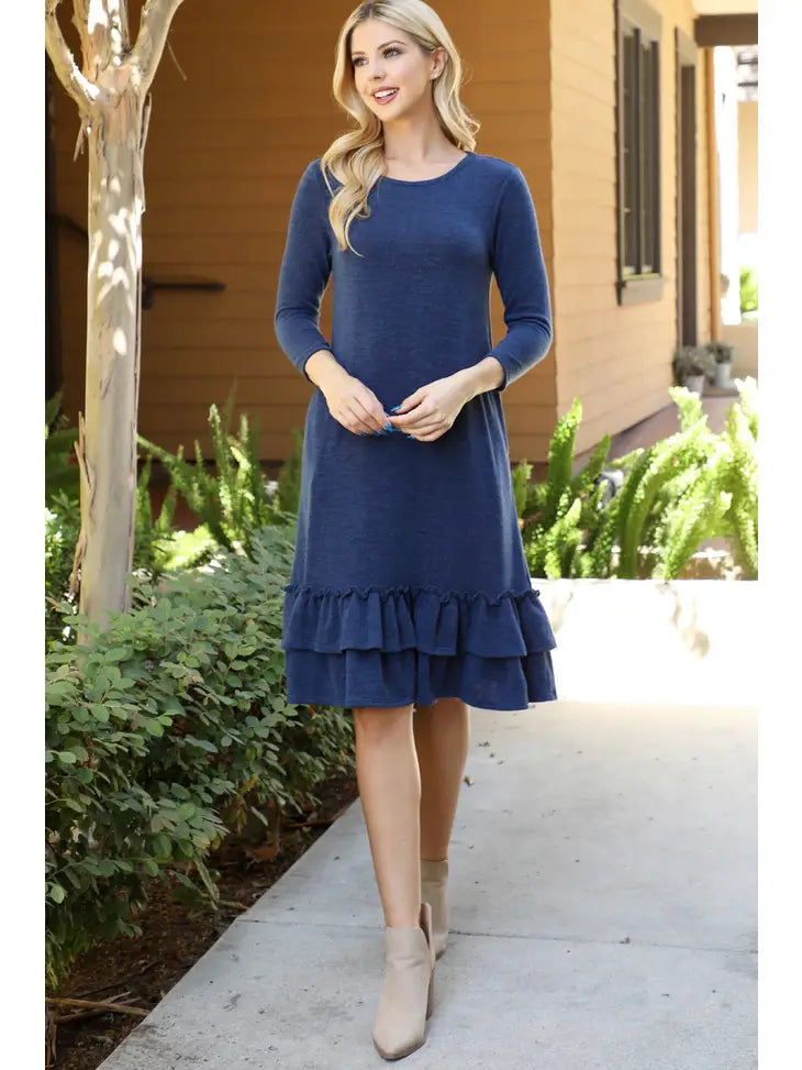 Mom and Me Navy Knit Ruffle Hem Pocket Dress- Womens