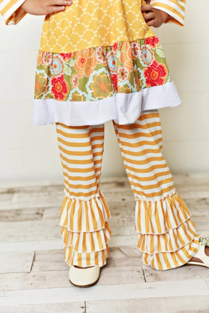 Mustard Stripe Ruffle Leggings Shirt and Pants Set