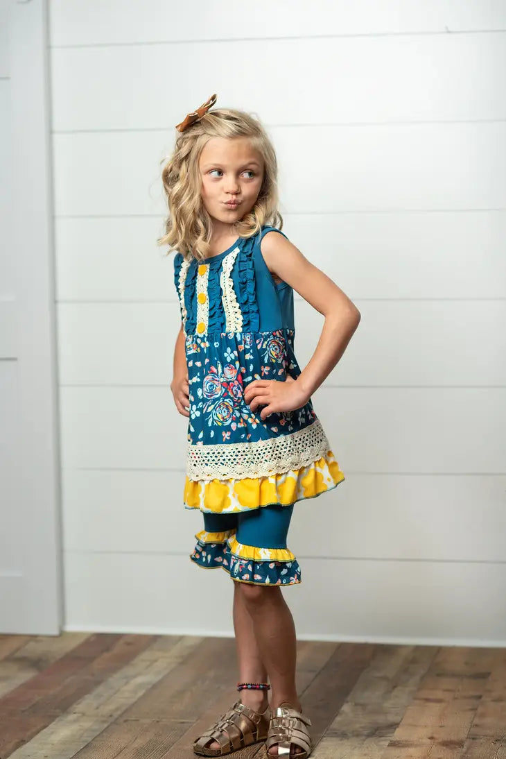Blue and Mustard Floral Ruffle and Lace Shorts Set