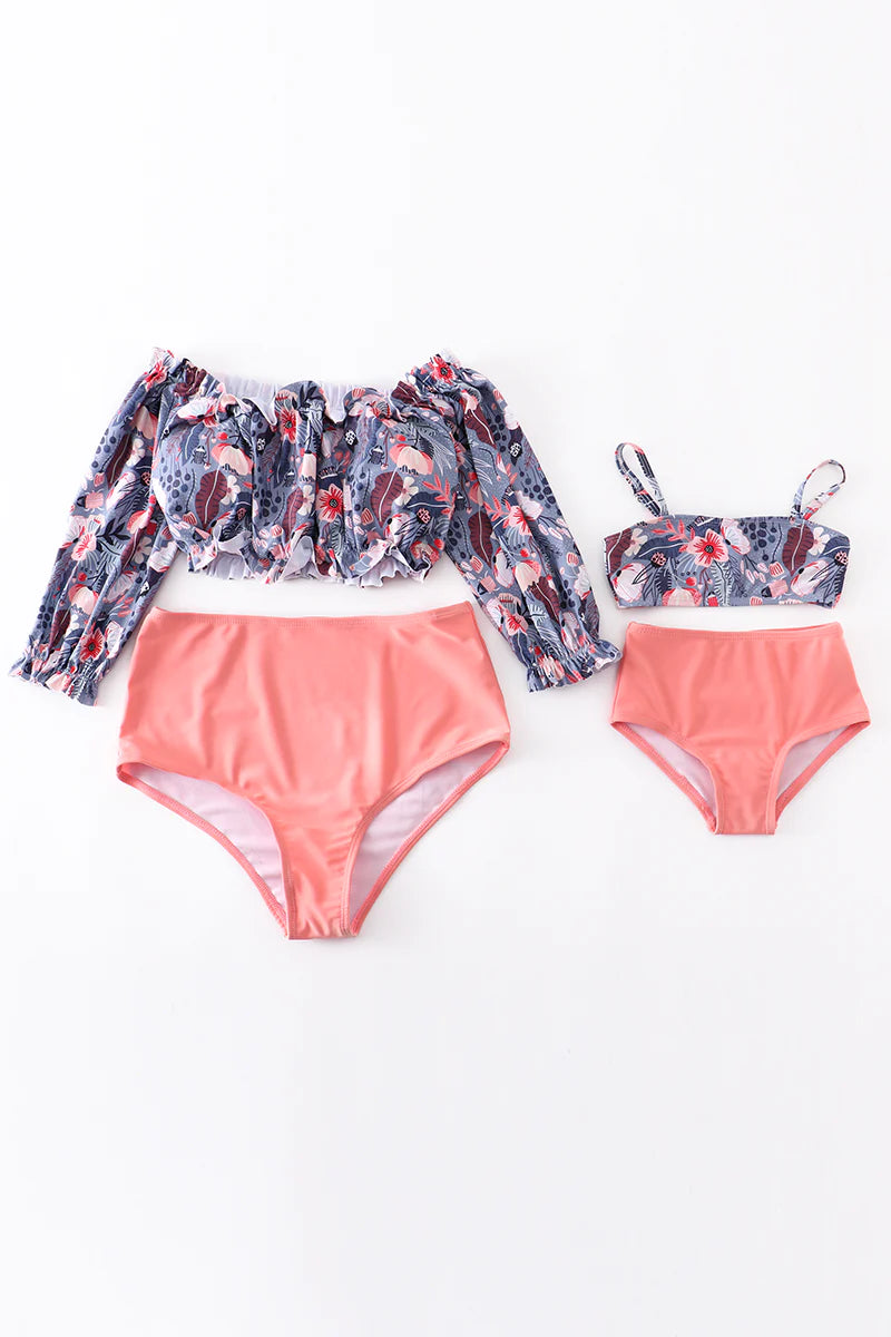 Blue and Coral Floral High Waist 2pc Mommy and Me Swimsuits - Womens