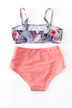Blue and Coral Floral High Waist 2pc Mommy and Me Swimsuits - Girls