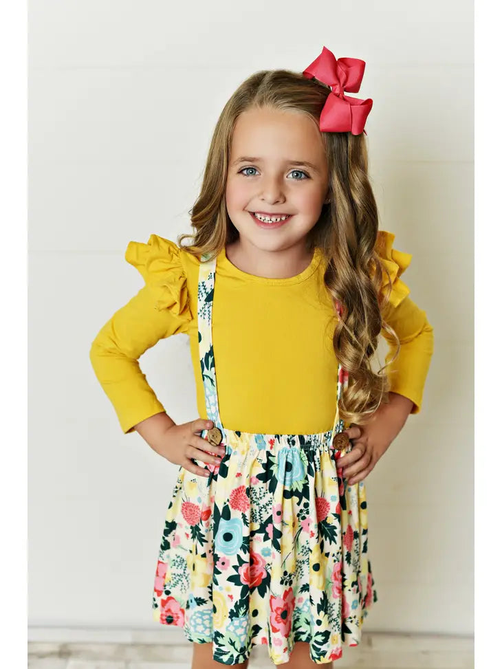 Kids Mustard Floral Suspender Skirt 2 Piece Ruffle Set