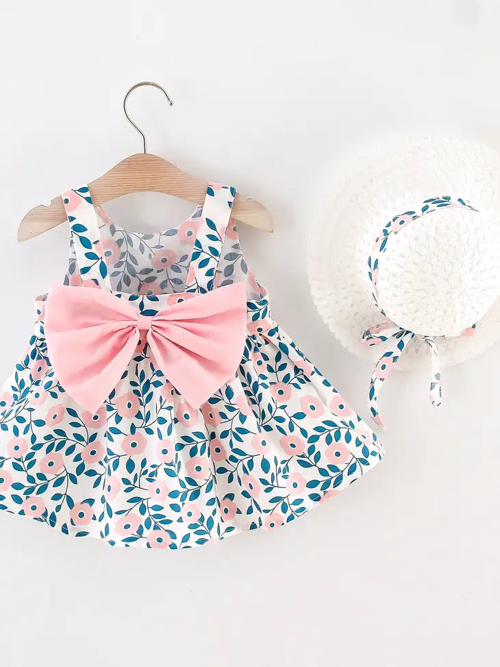 Floral Print Bowknot Sleeveless Baby Dress W/Hat