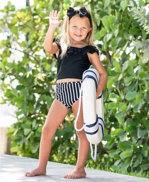 Black and White Striped Ruffled Tankini