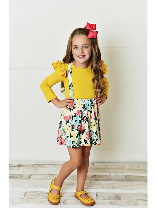 Kids Mustard Floral Suspender Skirt 2 Piece Ruffle Set