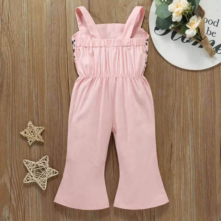 Pink Denim Leopard Print Bow Decor Sleeveless Baby Overalls